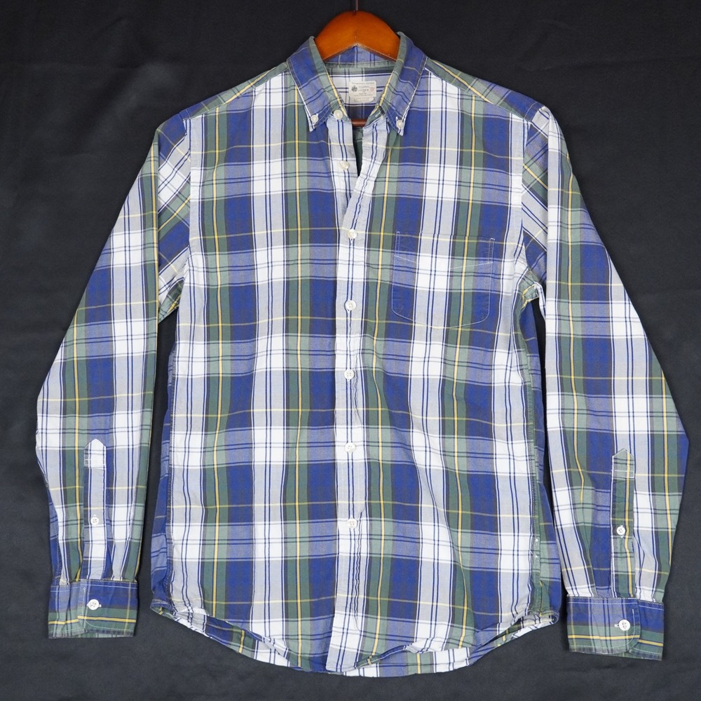 J.Crew Sunwashed Oxford Mens S Blue Green Plaid 2014 Tailored Cotton Shirt